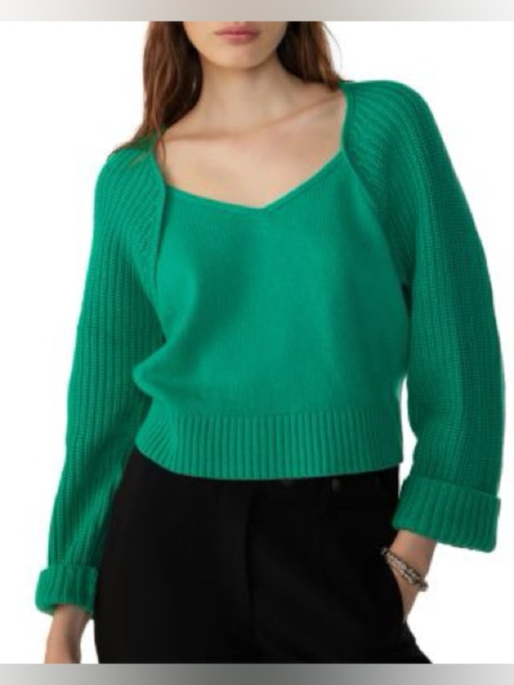 ba&sh. Susy Sweetheart Neck Wool Blend Sweater. Green. Size Small.